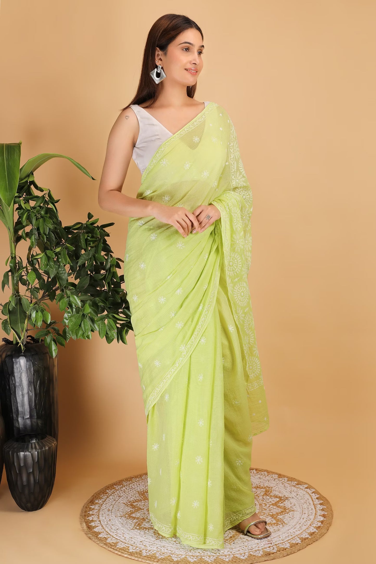 Shwet Light Green Kota Cotton Hand Embroidered Chikankari Saree