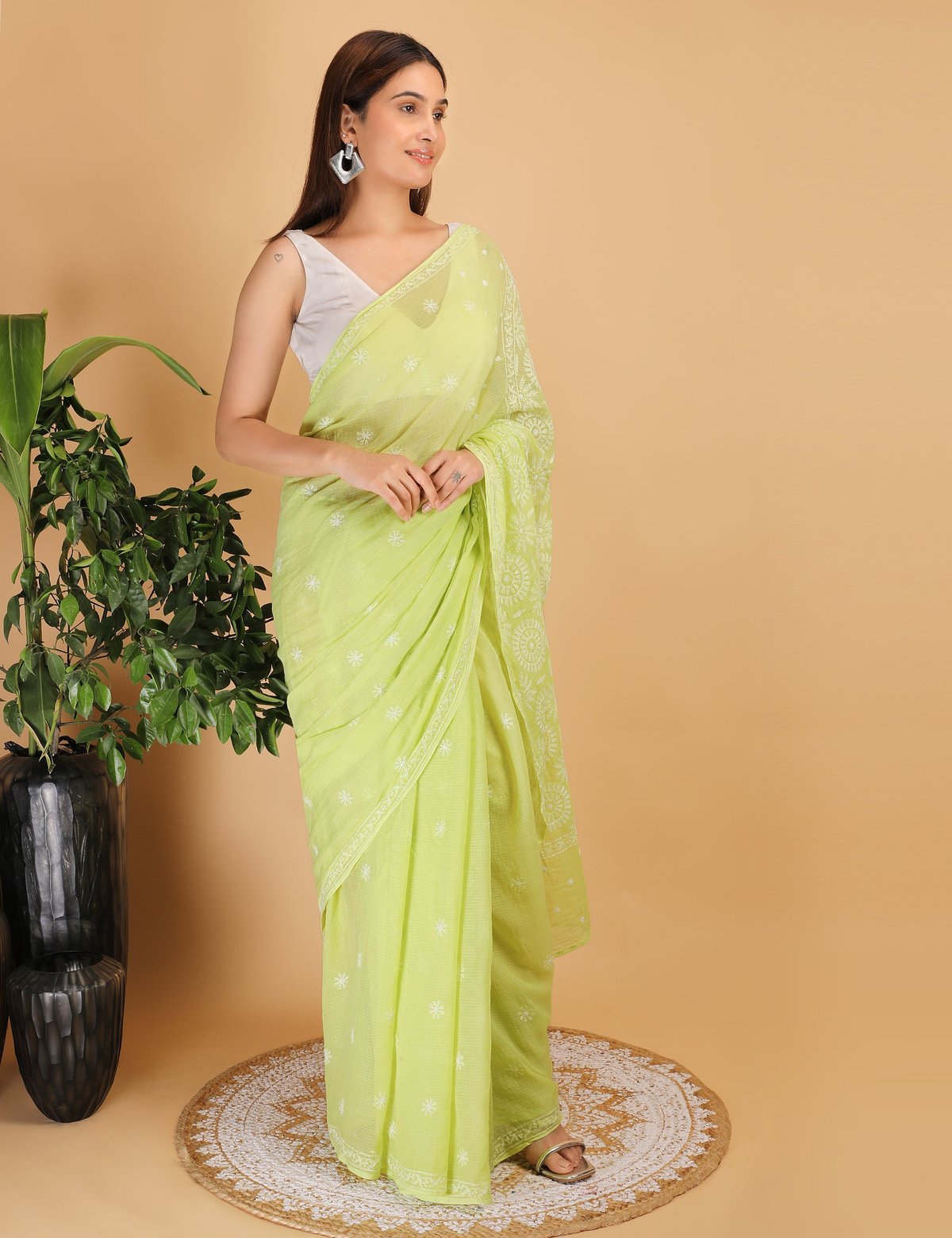 Shwet Light Green  Kota Cotton Chikankari Saree - Handcrafted Chikankari embroidery. Premium quality fabric.