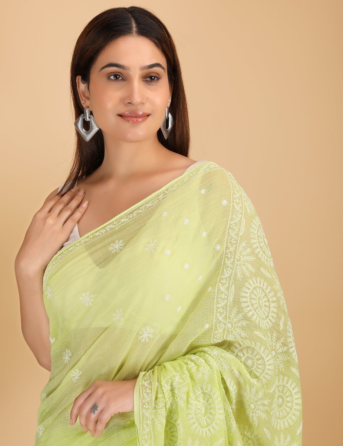 Shwet Light Green  Kota Cotton Chikankari Saree - Handcrafted Chikankari embroidery. Premium quality fabric.