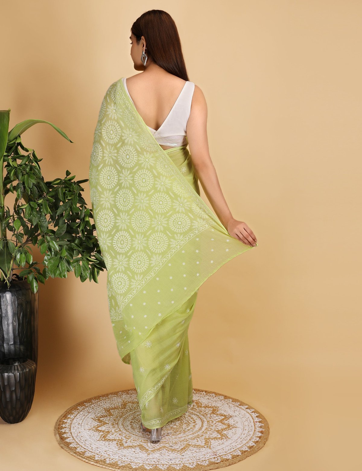 Shwet Light Green  Kota Cotton Chikankari Saree - Handcrafted Chikankari embroidery. Premium quality fabric.