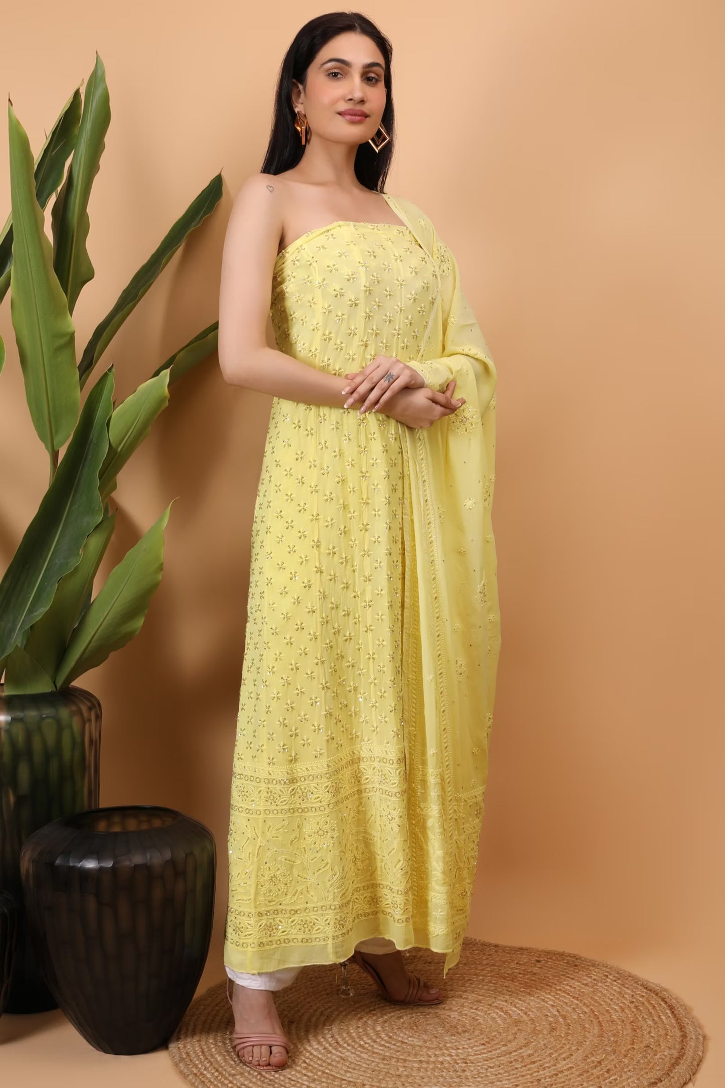 Shwet Women Yellow Hand Embroidered Chikankari Semi-Stitched Anarkali & Dupatta