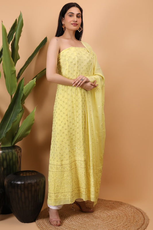 Shwet Women Yellow Hand Embroidered Chikankari Semi-Stitched Anarkali & Dupatta