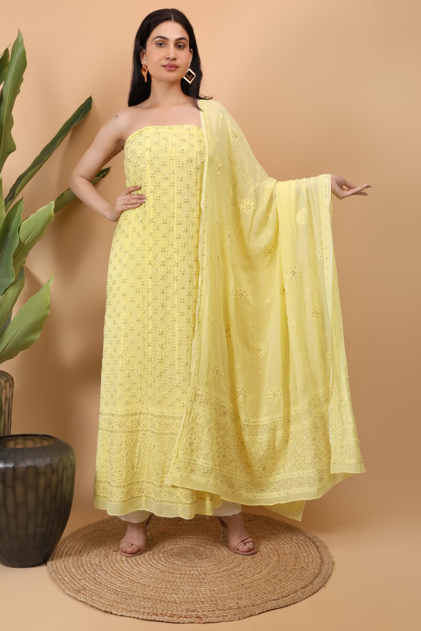 Shwet Women Yellow Hand Embroidered Chikankari Semi-Stitched Anarkali & Dupatta