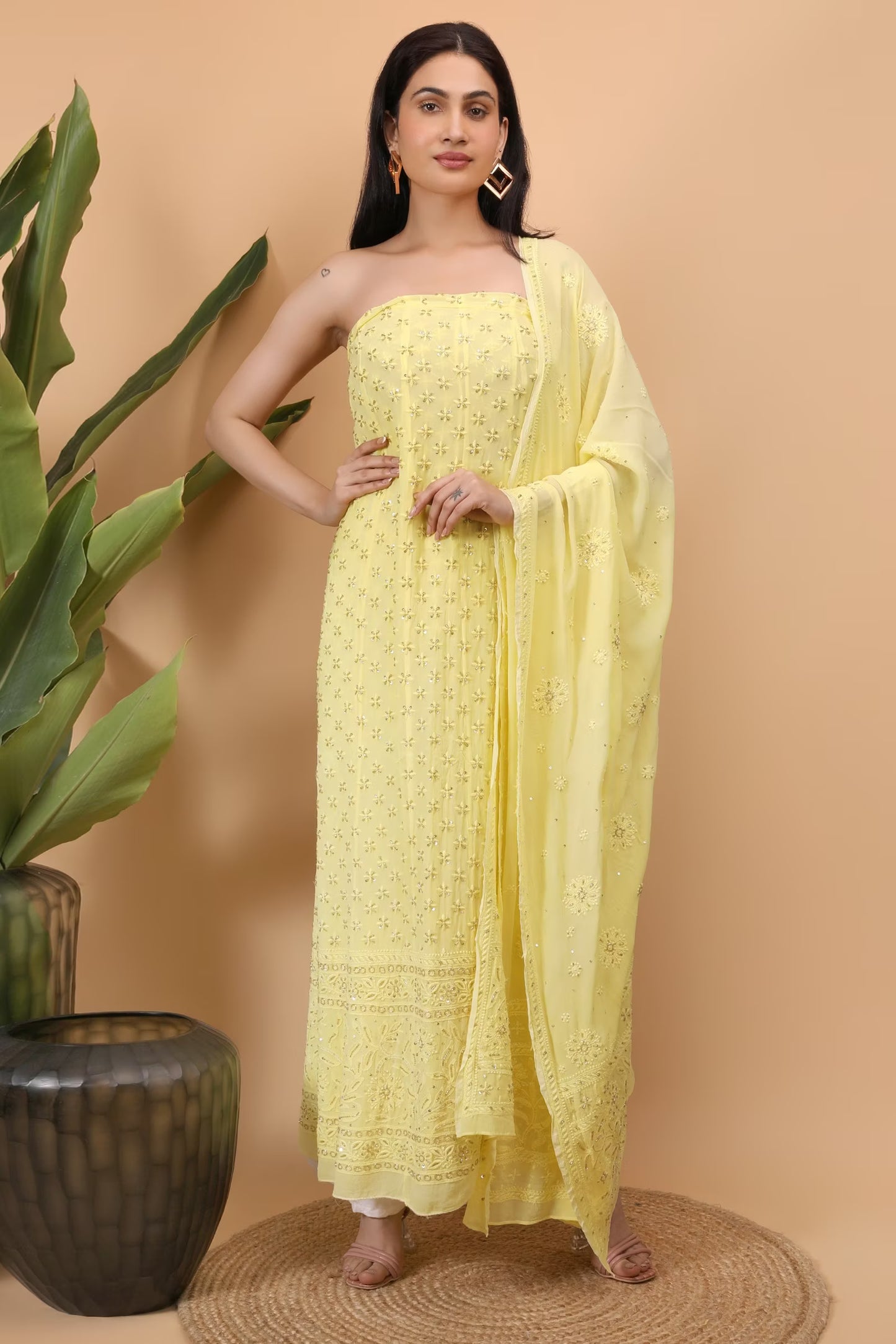 Shwet Women Yellow Hand Embroidered Chikankari Semi-Stitched Anarkali & Dupatta