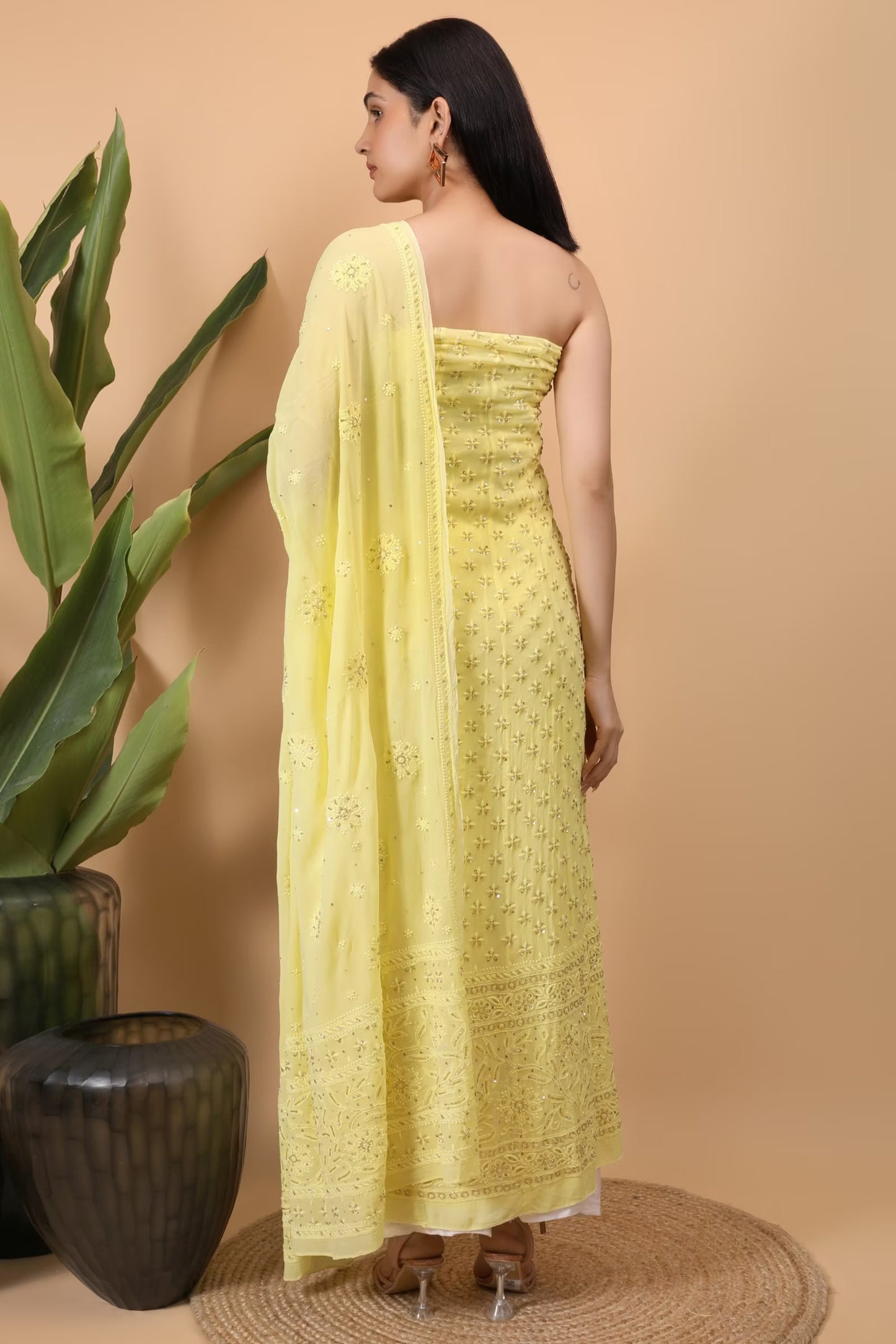Shwet Women Yellow Hand Embroidered Chikankari Semi-Stitched Anarkali & Dupatta