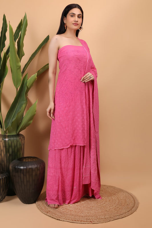 Shwet Women Magenta Hand Embroidered Chikankari Semi-Stitched Lehenga Set