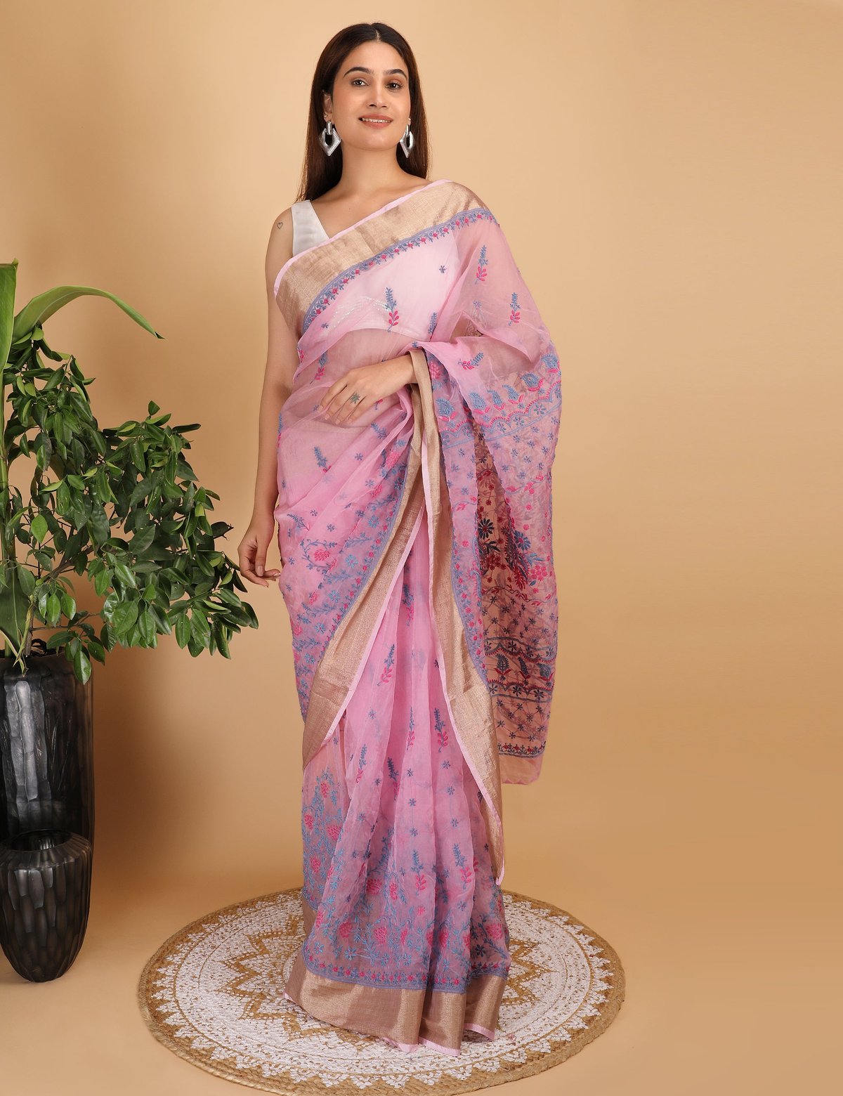 Shwet Magenta and Blue organza Chikankari Saree - Handcrafted Chikankari embroidery, front view. Premium quality fabric.