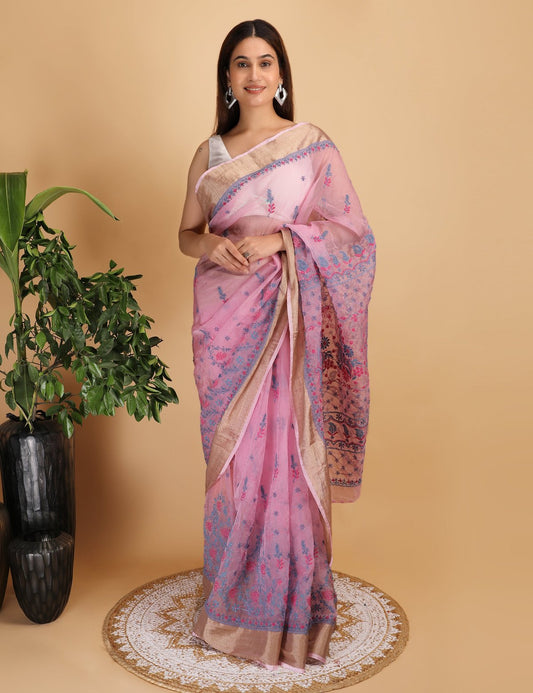 Shwet Magenta and Blue organza Chikankari Saree - Handcrafted Chikankari embroidery, close-up detail. Premium quality fabric.