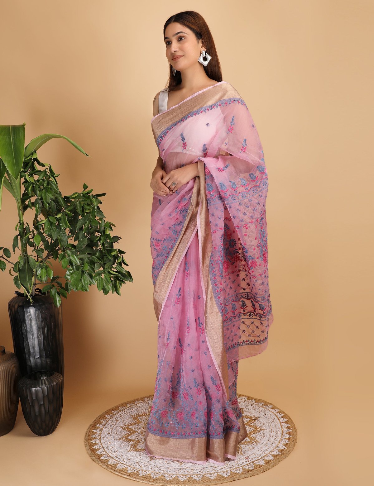 Shwet Magenta and Blue organza Chikankari Saree - Handcrafted Chikankari embroidery, styling example. Premium quality fabric.