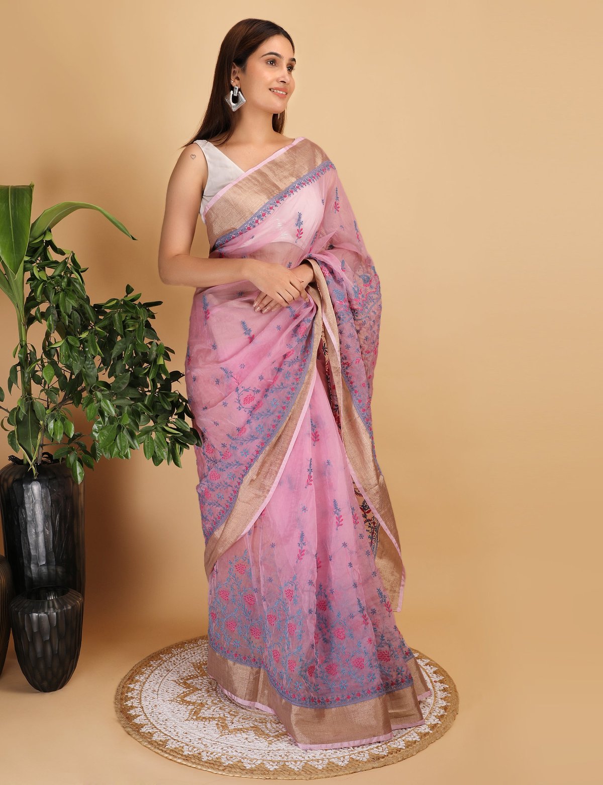 Shwet Magenta and Blue organza Chikankari Saree - Handcrafted Chikankari embroidery. Premium quality fabric.