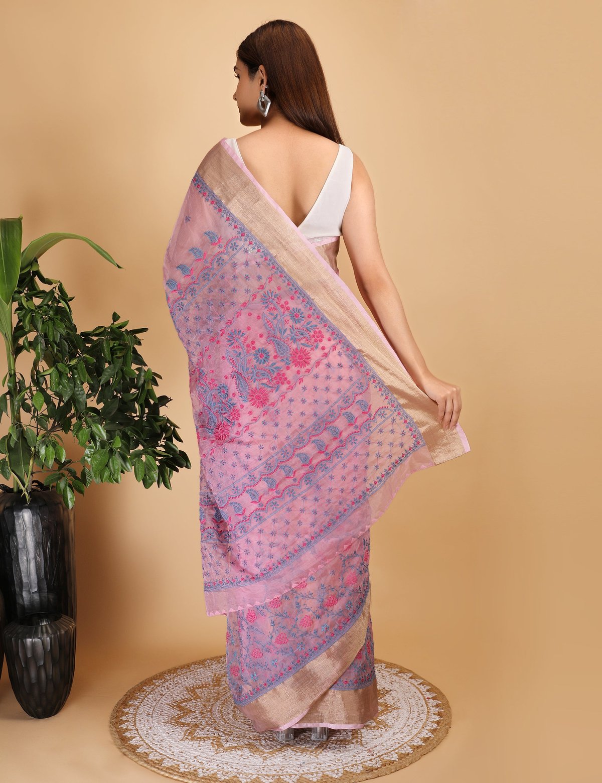 Shwet Magenta and Blue organza Chikankari Saree - Handcrafted Chikankari embroidery. Premium quality fabric.