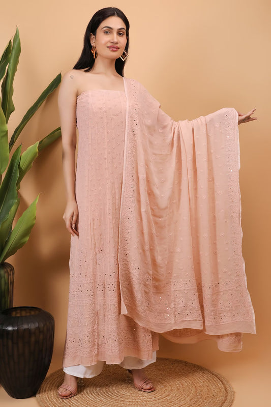 Shwet Women Peach Hand Embroidered Chikankari Semi-stitched Anarkali & Dupatta