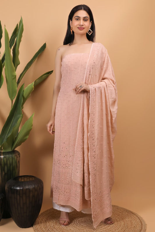 Shwet Women Peach Hand Embroidered Chikankari Semi-stitched Anarkali & Dupatta