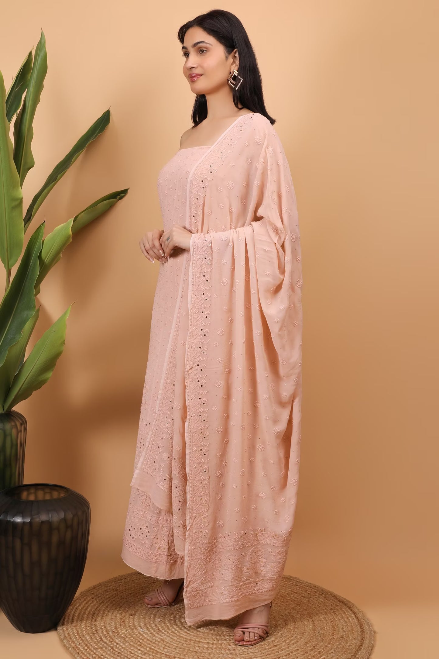 Shwet Women Peach Hand Embroidered Chikankari Semi-stitched Anarkali & Dupatta