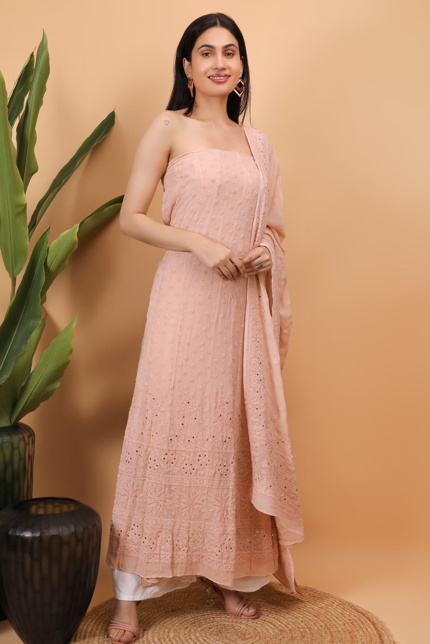 Shwet Women Peach Hand Embroidered Chikankari Semi-stitched Anarkali & Dupatta