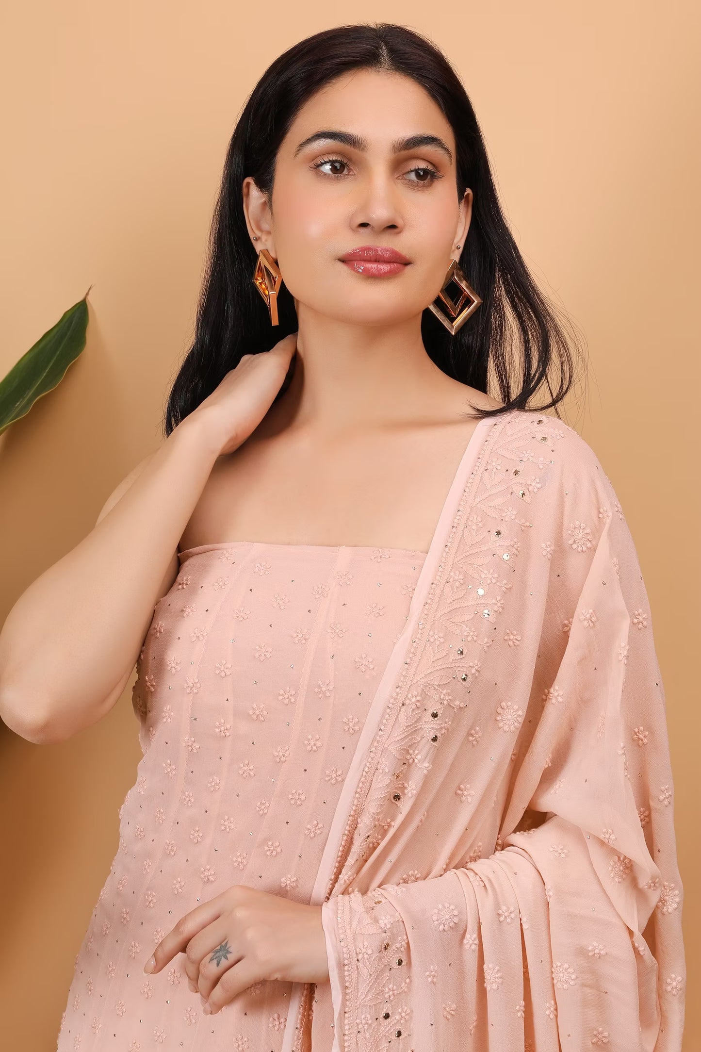 Shwet Women Peach Hand Embroidered Chikankari Semi-stitched Anarkali & Dupatta