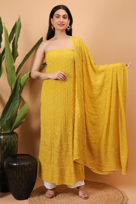 Shwet Women Mustard Hand Embroidered Chikankari Semi-Stitched Anarkali & Dupatta