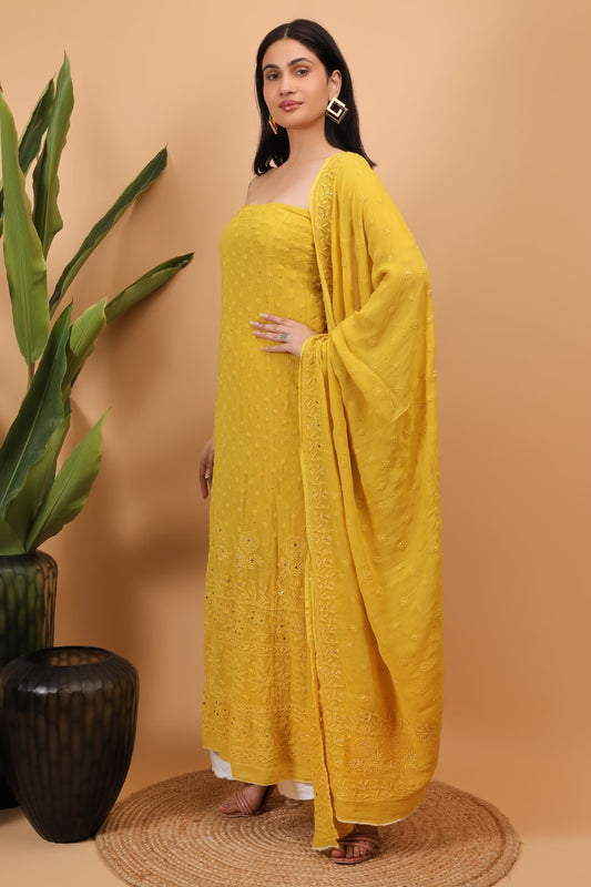 Shwet Women Mustard Hand Embroidered Chikankari Semi-Stitched Anarkali & Dupatta