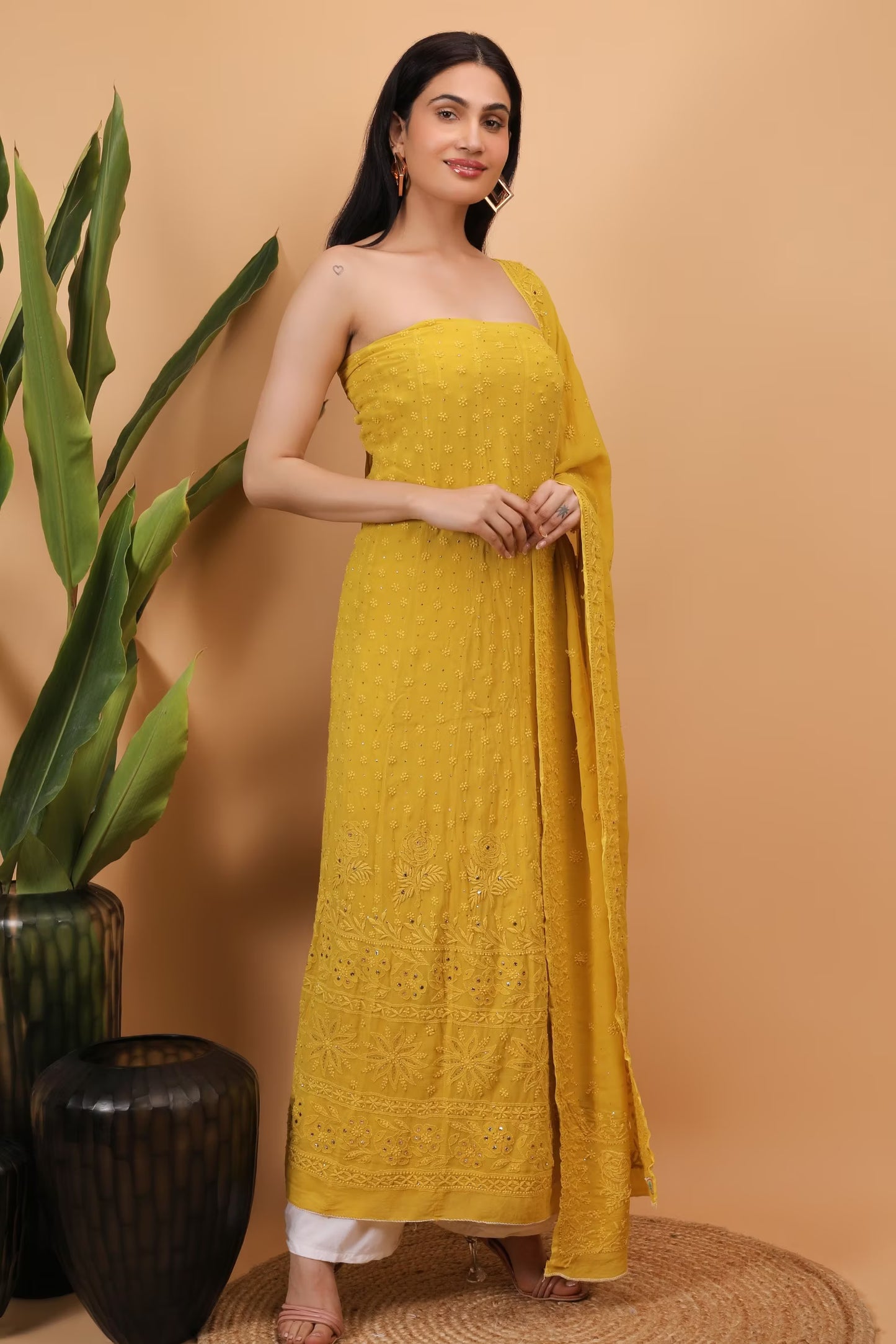 Shwet Women Mustard Hand Embroidered Chikankari Semi-Stitched Anarkali & Dupatta