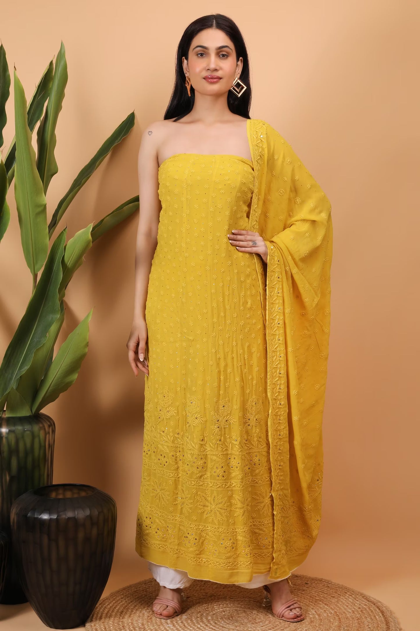Shwet Women Mustard Hand Embroidered Chikankari Semi-Stitched Anarkali & Dupatta