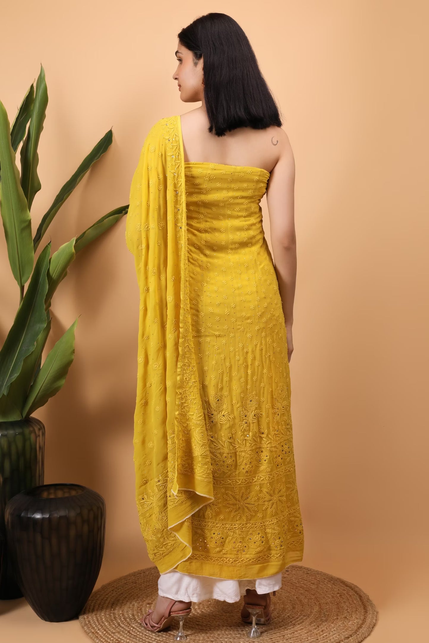 Shwet Women Mustard Hand Embroidered Chikankari Semi-Stitched Anarkali & Dupatta