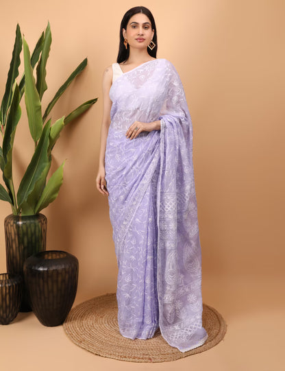 Shwet Purple Kota Cotton Chikankari Saree - Shwet Artistry