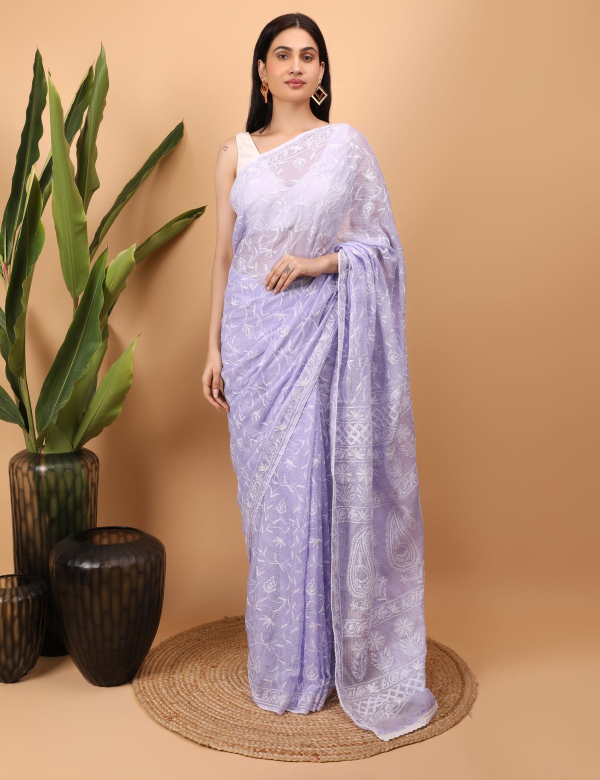 Shwet Purple Kota Cotton Chikankari Saree - Handcrafted Chikankari embroidery, front view. Premium quality fabric.