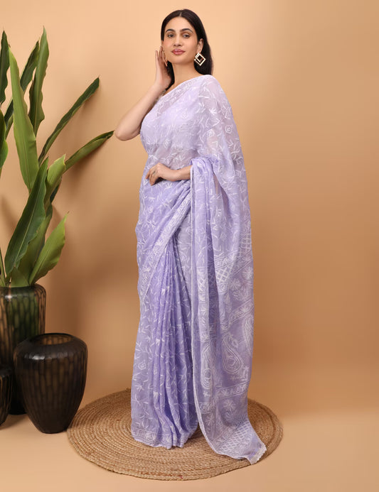 Shwet Purple Kota Cotton Chikankari Saree - Shwet Artistry