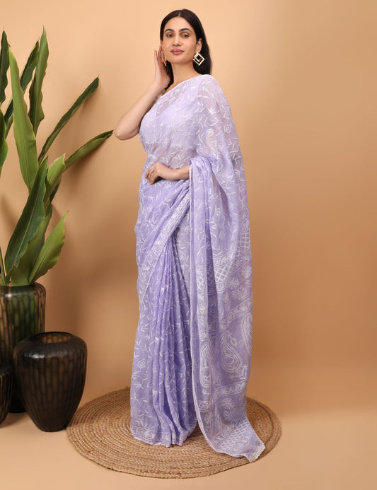 Shwet Purple Kota Cotton Chikankari Saree - Handcrafted Chikankari embroidery, close-up detail. Premium quality fabric.