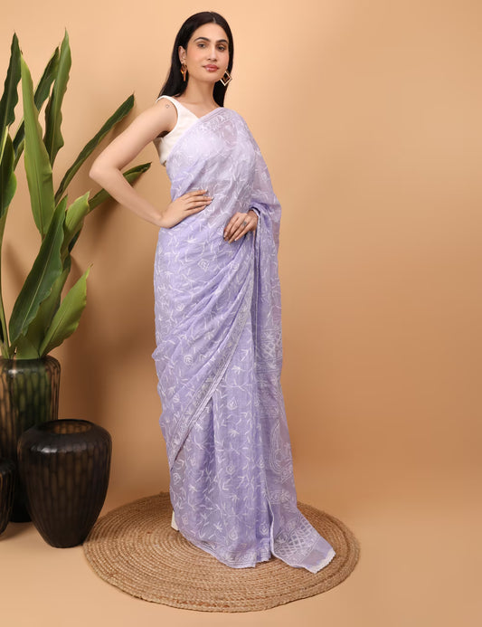 Shwet Purple Kota Cotton Chikankari Saree - Shwet Artistry