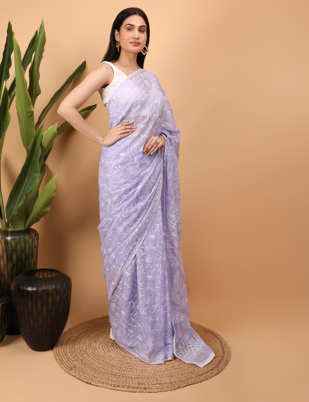 Shwet Purple Kota Cotton Chikankari Saree - Handcrafted Chikankari embroidery, styling example. Premium quality fabric.