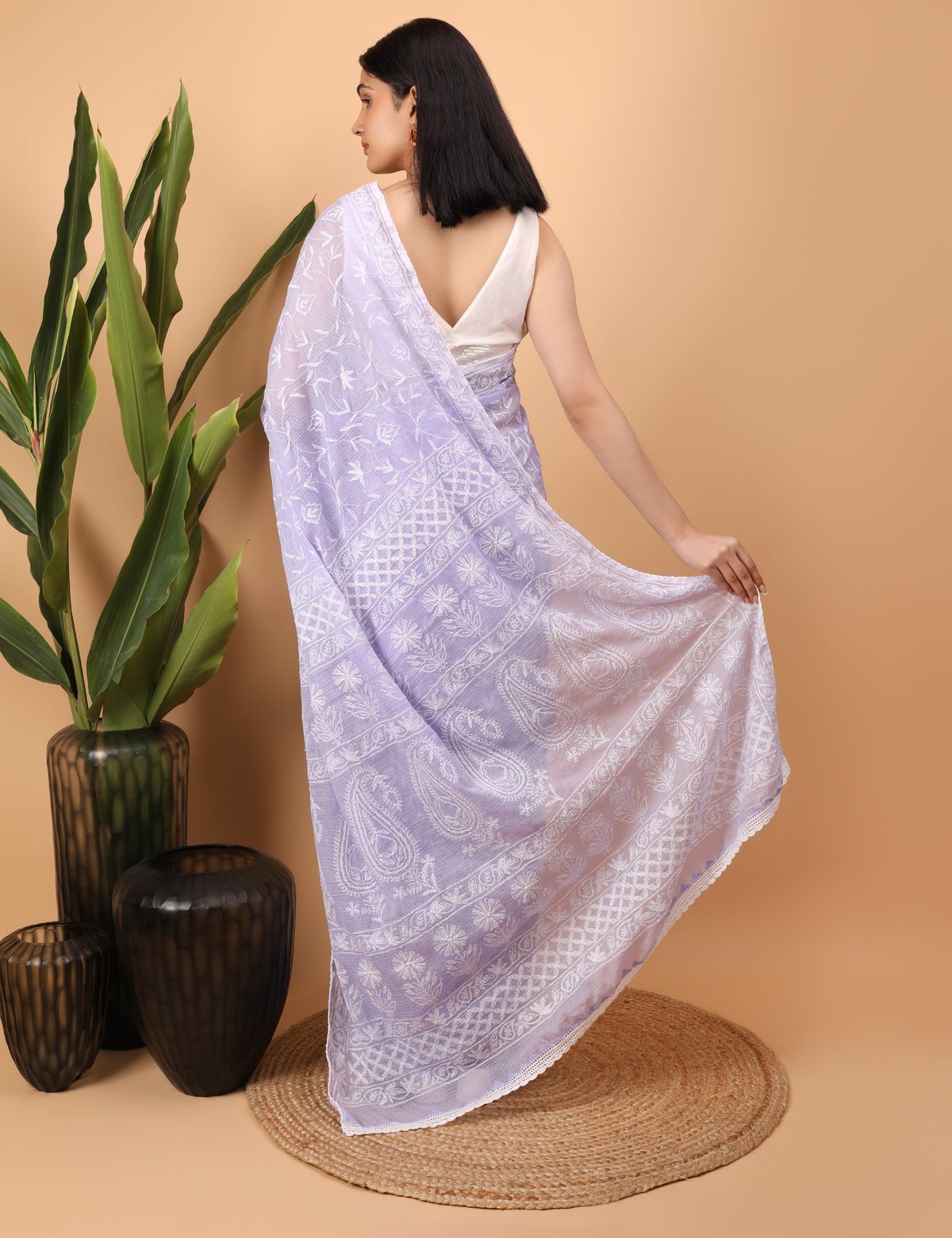 Shwet Purple Kota Cotton Chikankari Saree - Handcrafted Chikankari embroidery. Premium quality fabric.