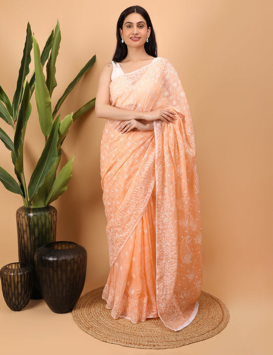 Shwet Peach Kota Cotton Chikankari Saree - Handcrafted Chikankari embroidery, front view. Premium quality fabric.