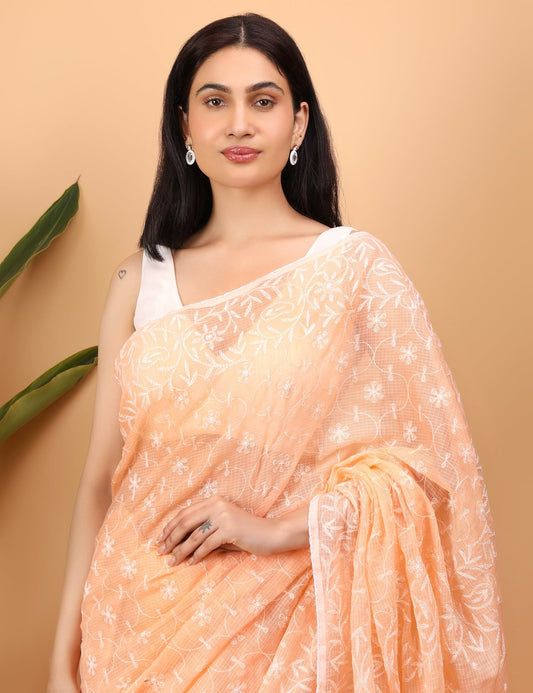Shwet Peach Kota Cotton Chikankari Saree - Handcrafted Chikankari embroidery, close-up detail. Premium quality fabric.
