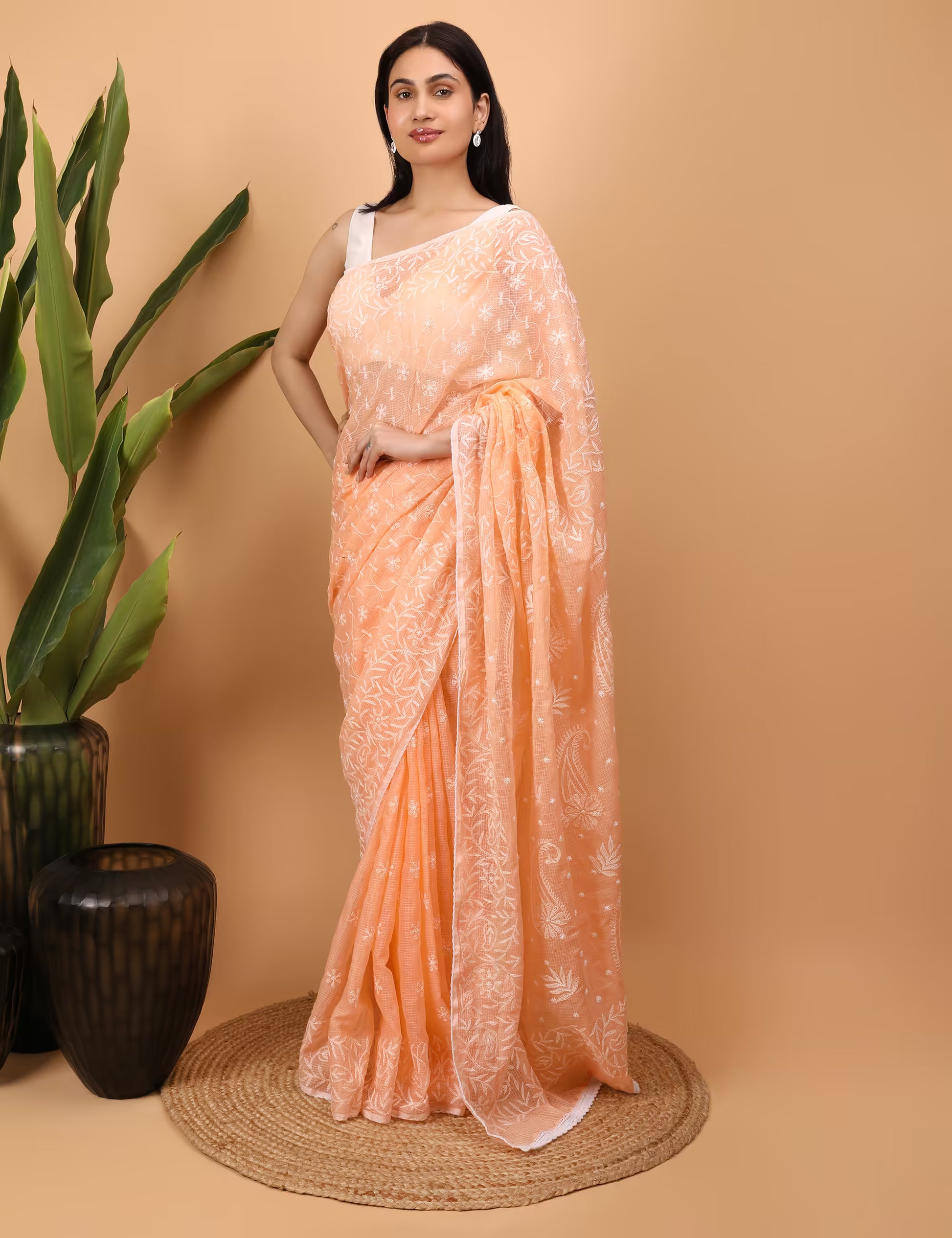 Women Peach Hand Embroidered Kota Cotton Chikankari Saree - Shwet Artistry