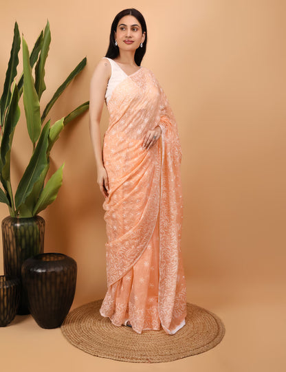 Women Peach Hand Embroidered Kota Cotton Chikankari Saree - Shwet Artistry