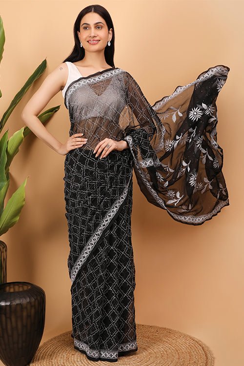 Shwet Black Georgette Chikankari Saree - Handcrafted Chikankari embroidery, front view. Premium quality fabric.