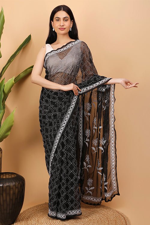 Shwet Black Georgette Chikankari Saree - Handcrafted Chikankari embroidery. Premium quality fabric.