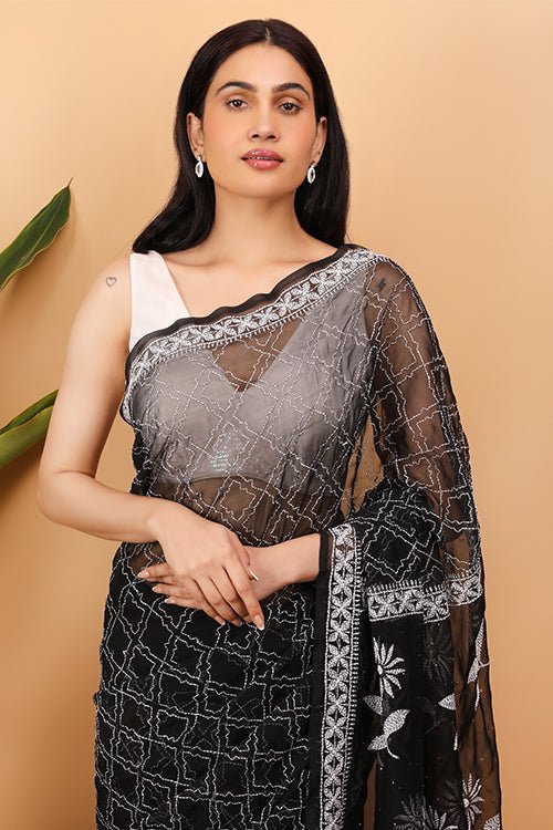 Shwet Black Georgette Chikankari Saree - Handcrafted Chikankari embroidery. Premium quality fabric.