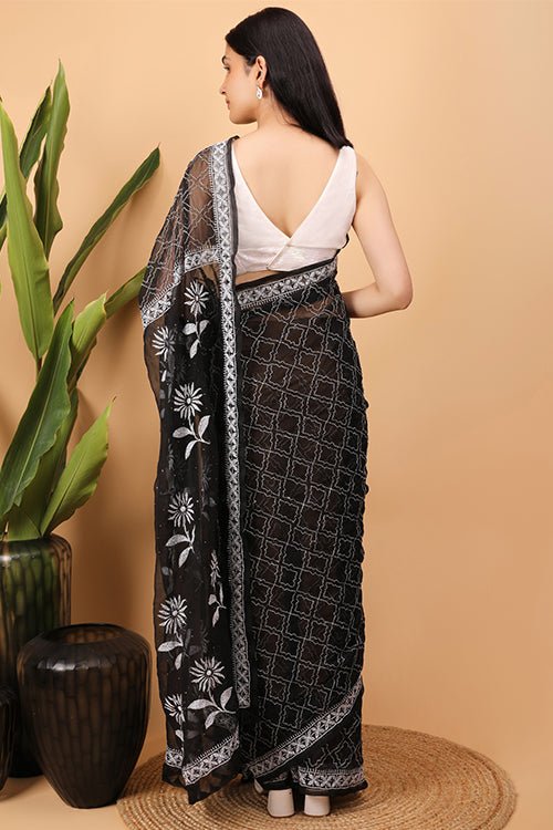 Shwet Black Georgette Chikankari Saree - Handcrafted Chikankari embroidery. Premium quality fabric.