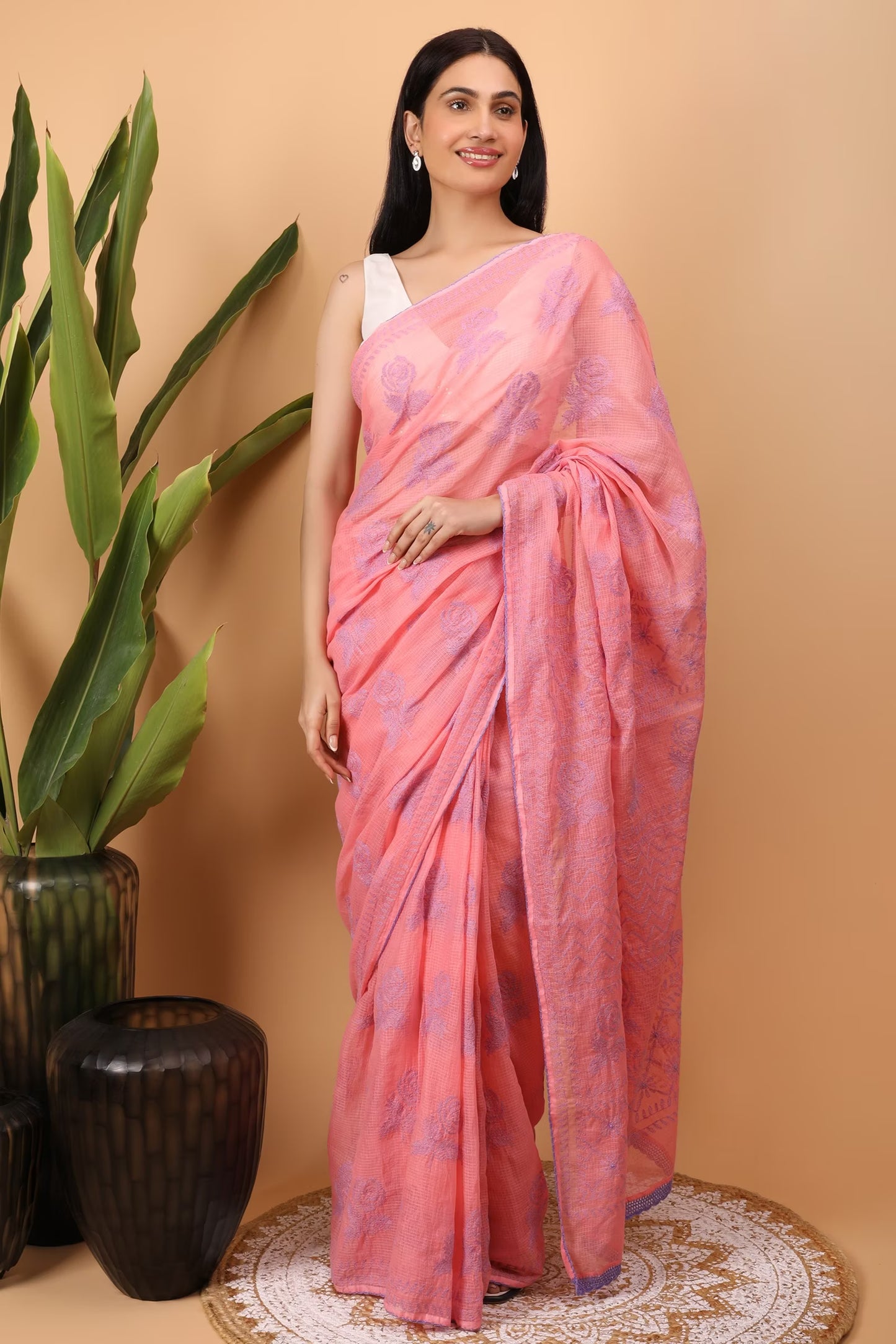 Shwet Women Pink Kota Cotton Chikankari Saree