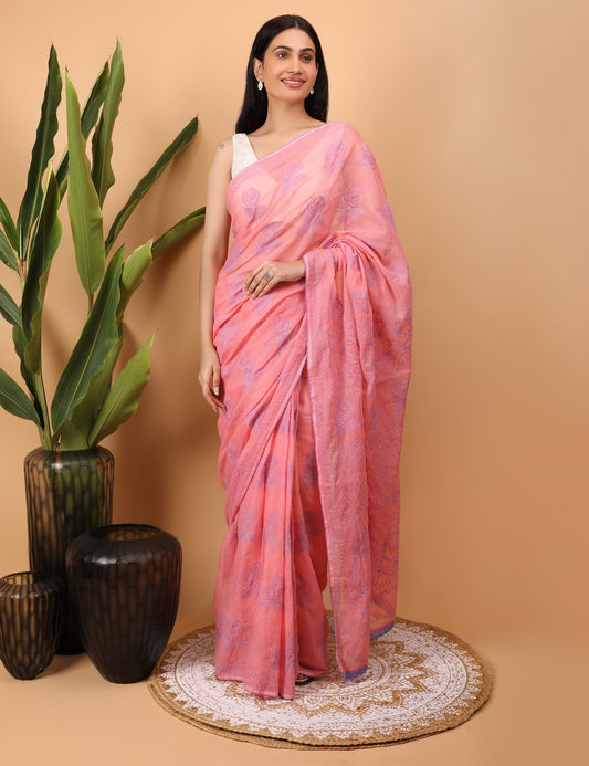 Shwet Pink Kota Cotton Chikankari Saree - Handcrafted Chikankari embroidery, front view. Premium quality fabric.
