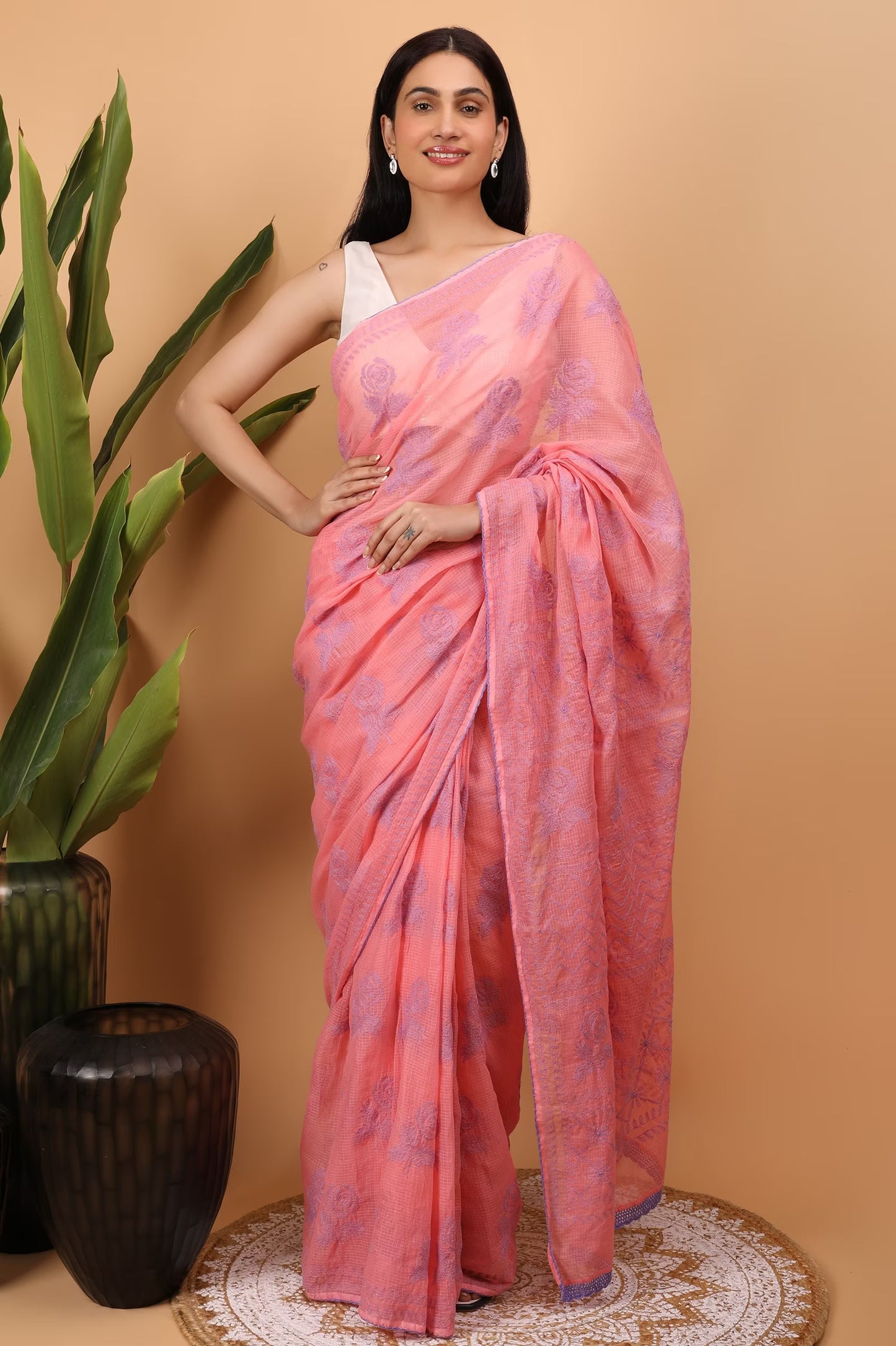 Shwet Women Pink Kota Cotton Chikankari Saree