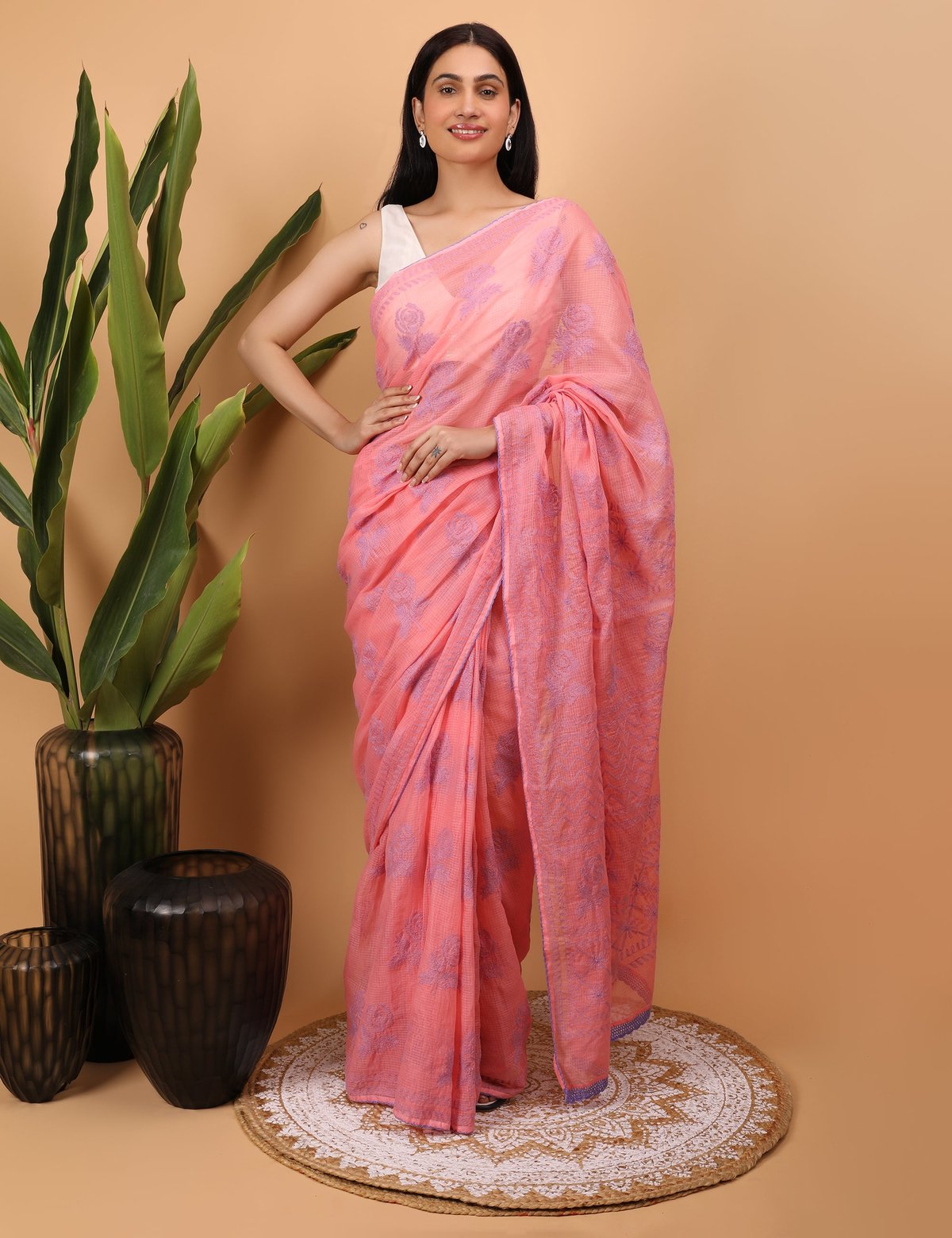 Shwet Pink Kota Cotton Chikankari Saree - Handcrafted Chikankari embroidery, close-up detail. Premium quality fabric.