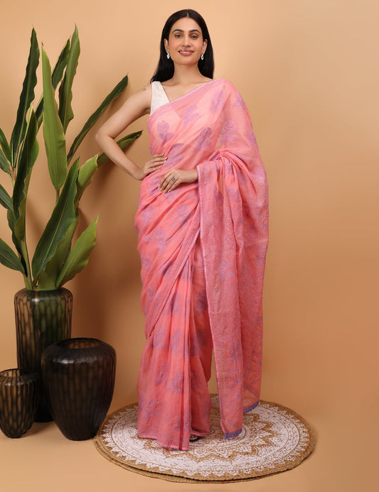 Shwet Pink Kota Cotton Chikankari Saree - Handcrafted Chikankari embroidery, close-up detail. Premium quality fabric.