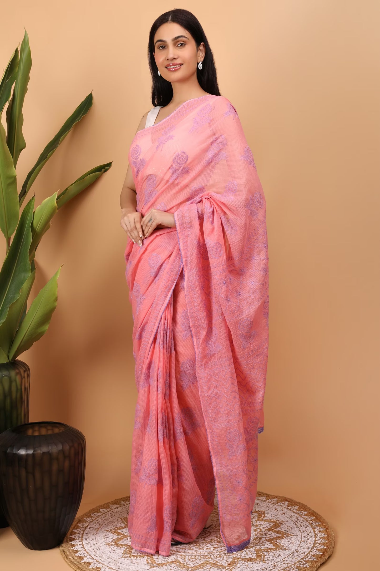 Shwet Women Pink Kota Cotton Chikankari Saree