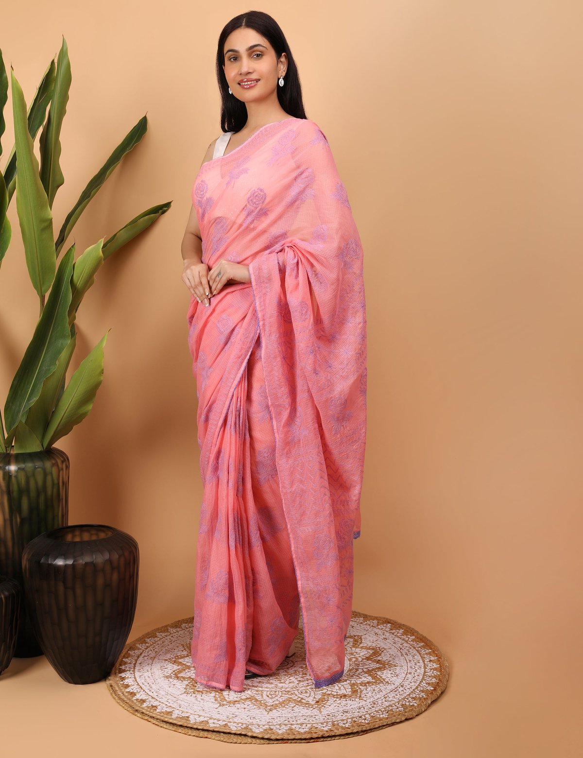 Shwet Pink Kota Cotton Chikankari Saree - Handcrafted Chikankari embroidery, styling example. Premium quality fabric.