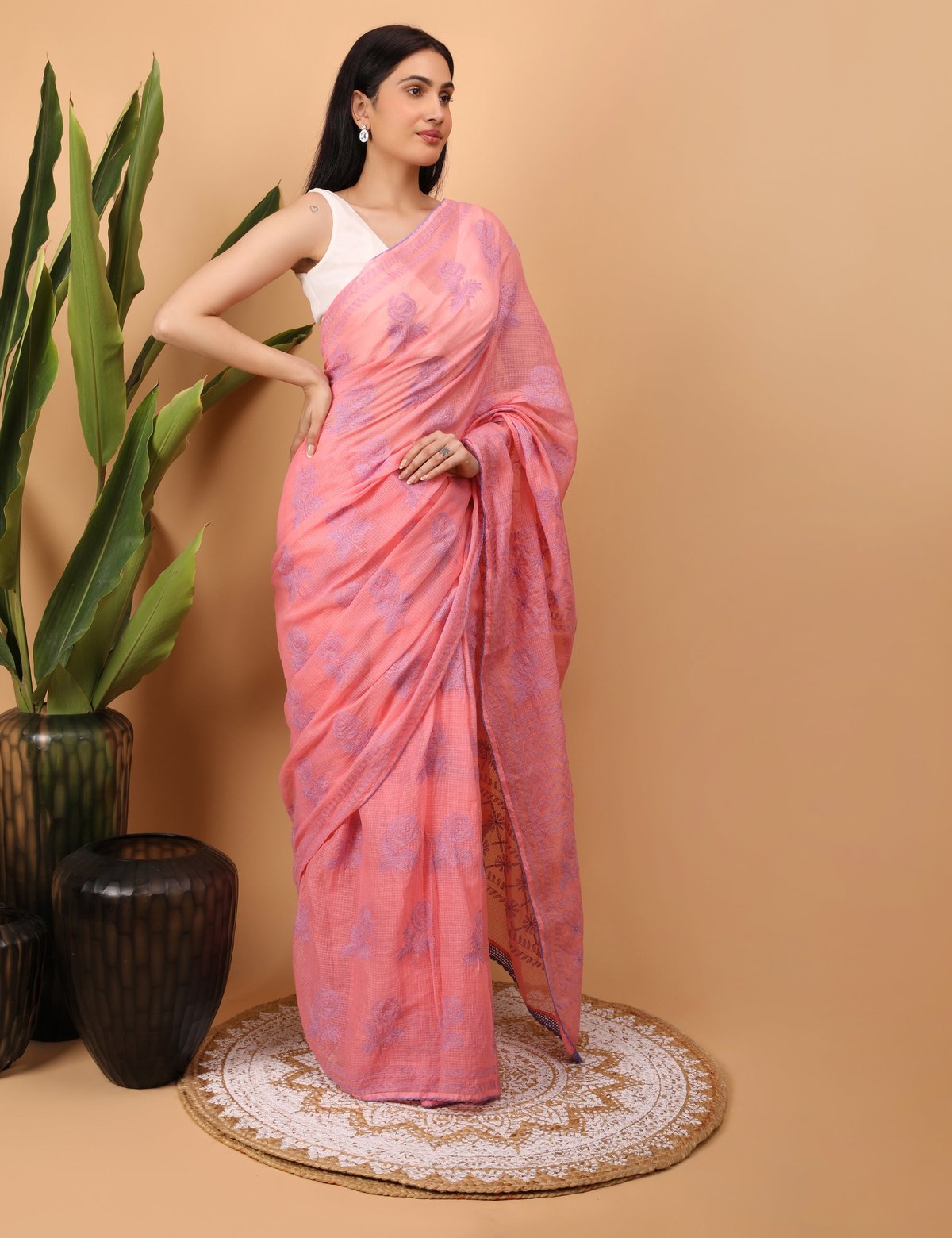 Shwet Pink Kota Cotton Chikankari Saree - Handcrafted Chikankari embroidery. Premium quality fabric.