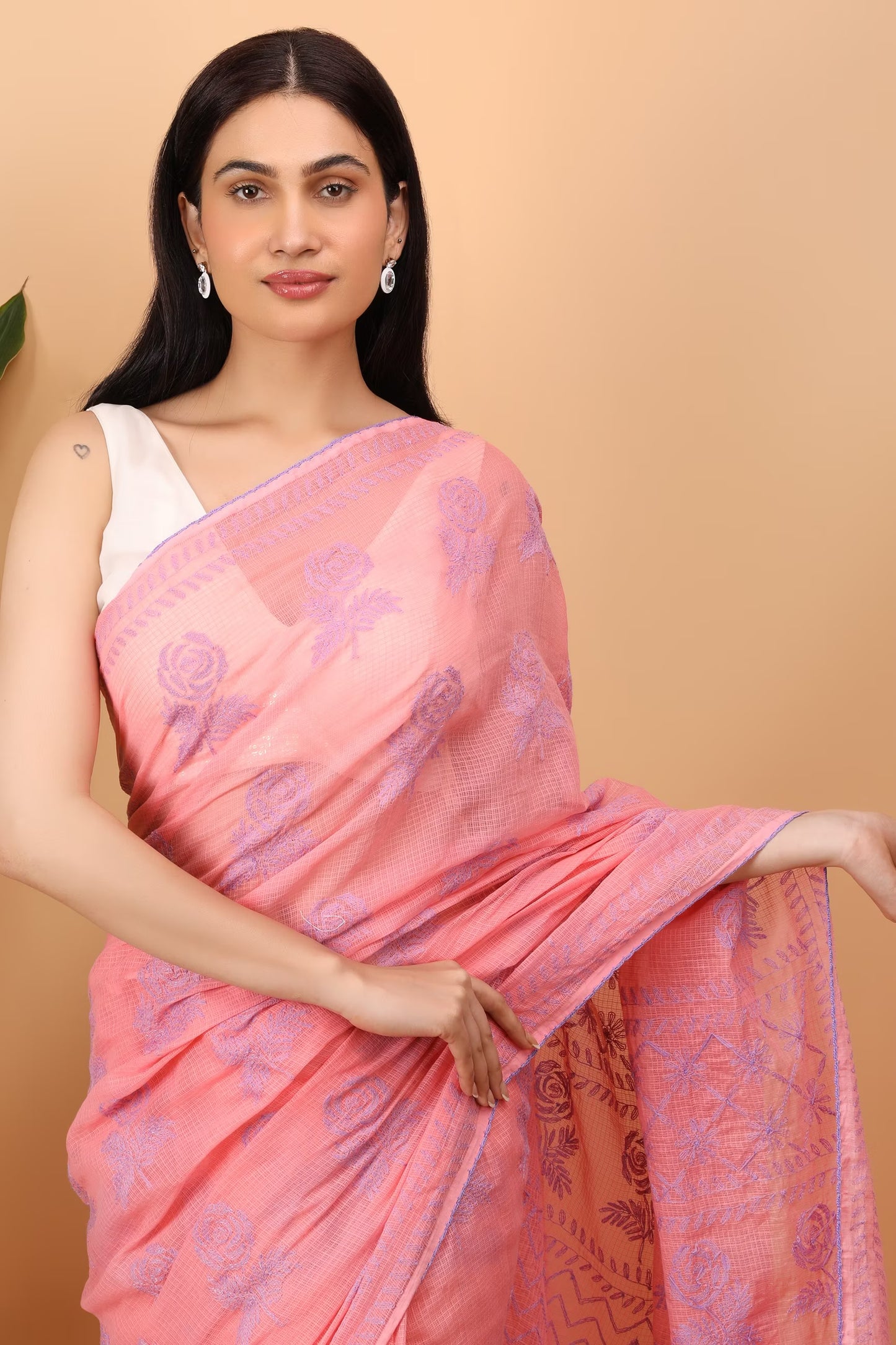 Shwet Women Pink Kota Cotton Chikankari Saree