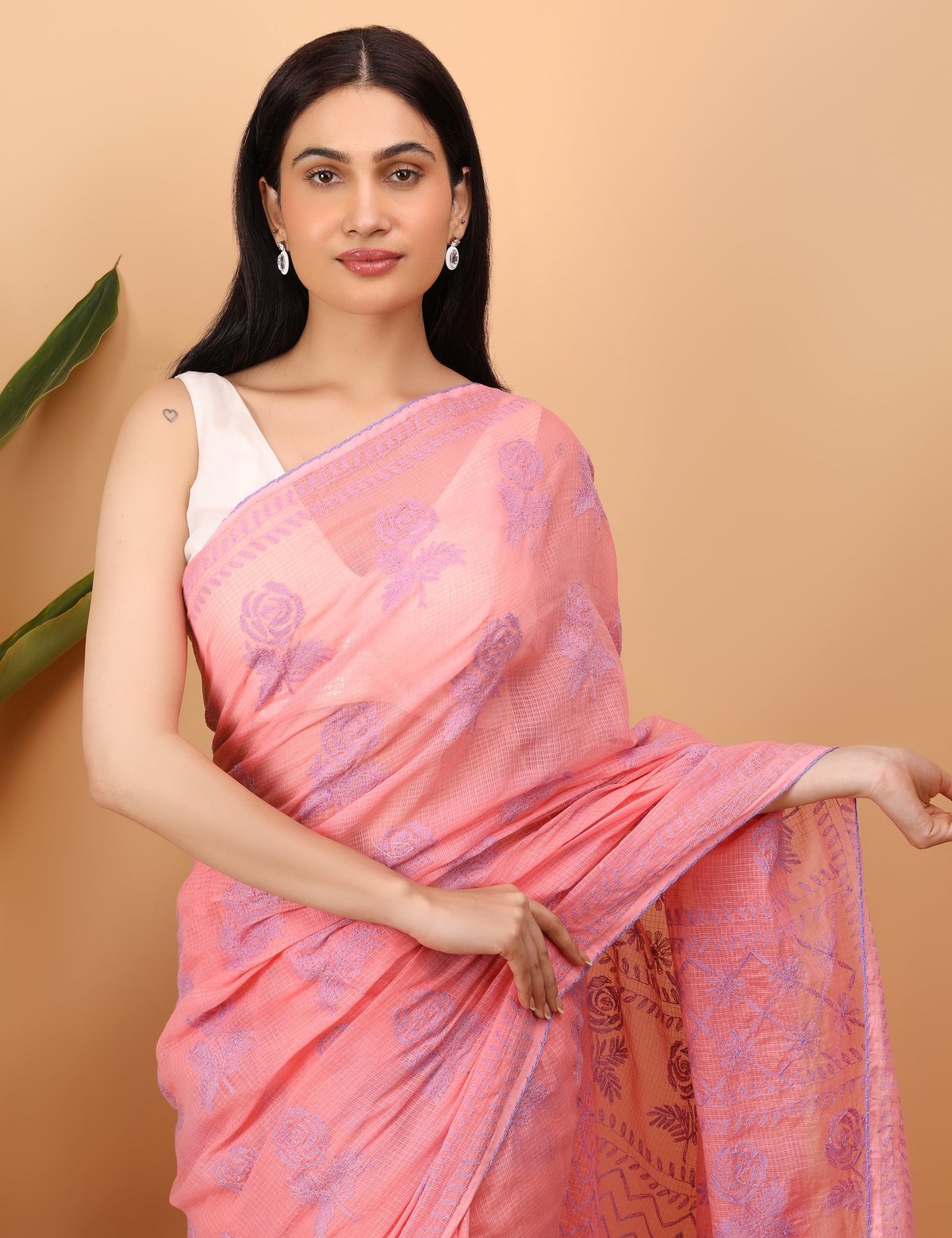 Shwet Pink Kota Cotton Chikankari Saree - Handcrafted Chikankari embroidery. Premium quality fabric.